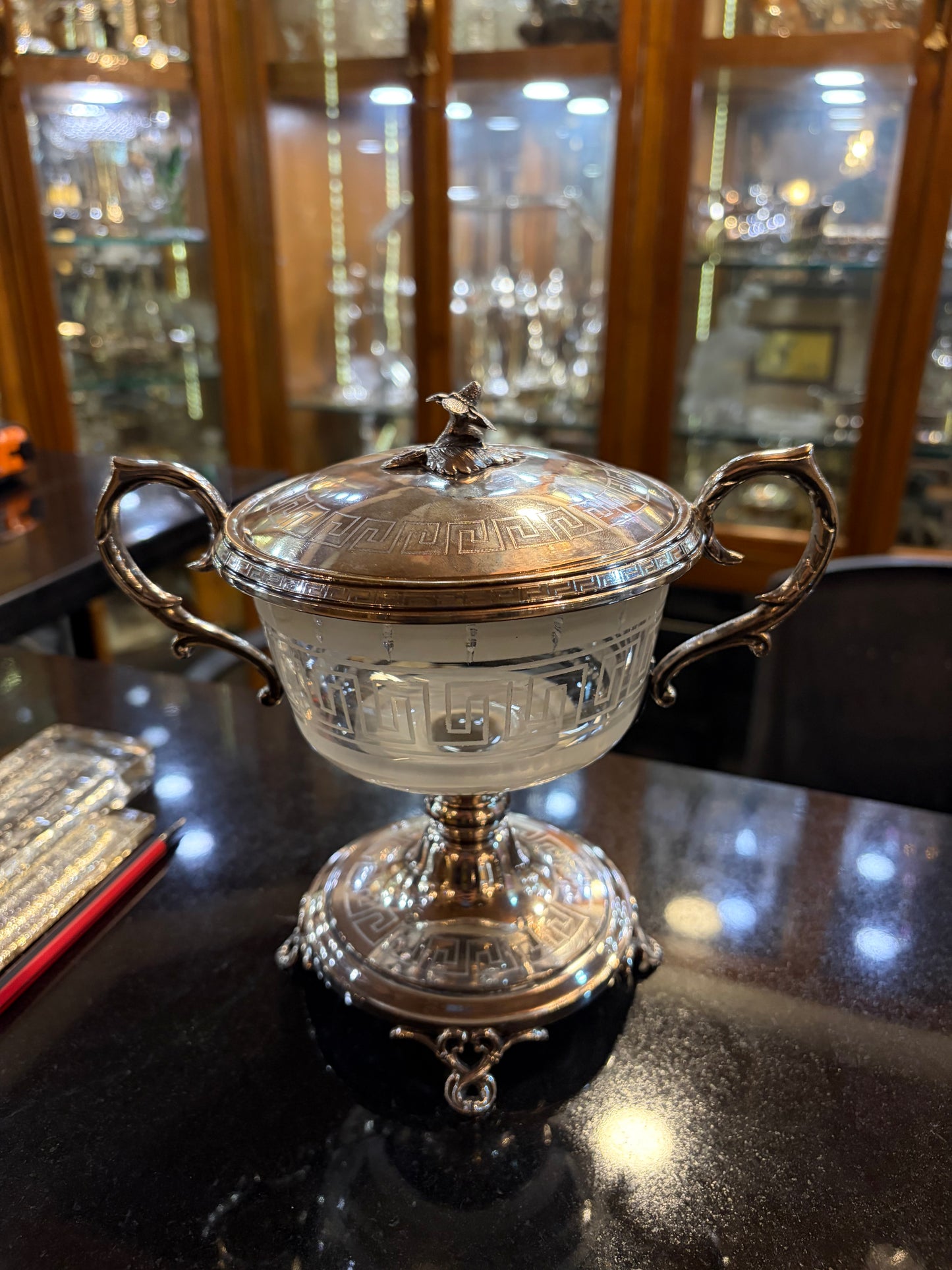 LATE VICTORIAN NEOCLASSICAL SILVER-MOUNTED AND FROSTED GLASS SUCRIER, EUROPEAN, C. 1880–1890