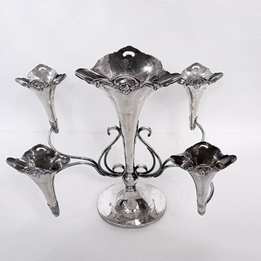 EDWARDIAN ROCOCO REVIVAL STERLING SILVER FIVE-TRUMPET EPERGNE, BIRMINGHAM, 1909