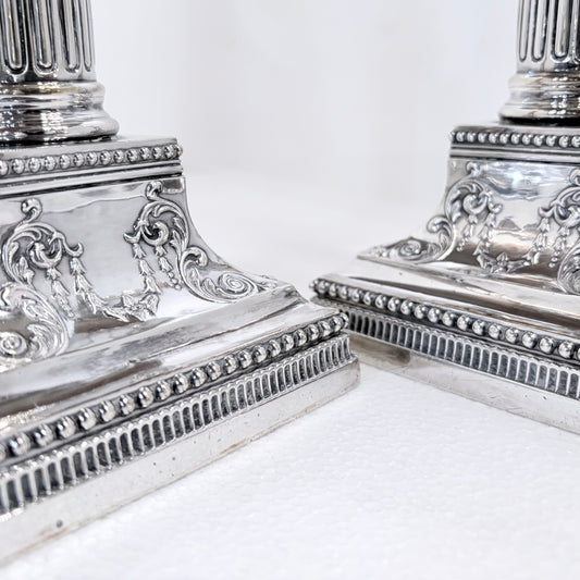 PAIR OF CORINTHIAN COLUMN STERLING SILVER CANDLESTICKS, SHEFFIELD, 1896