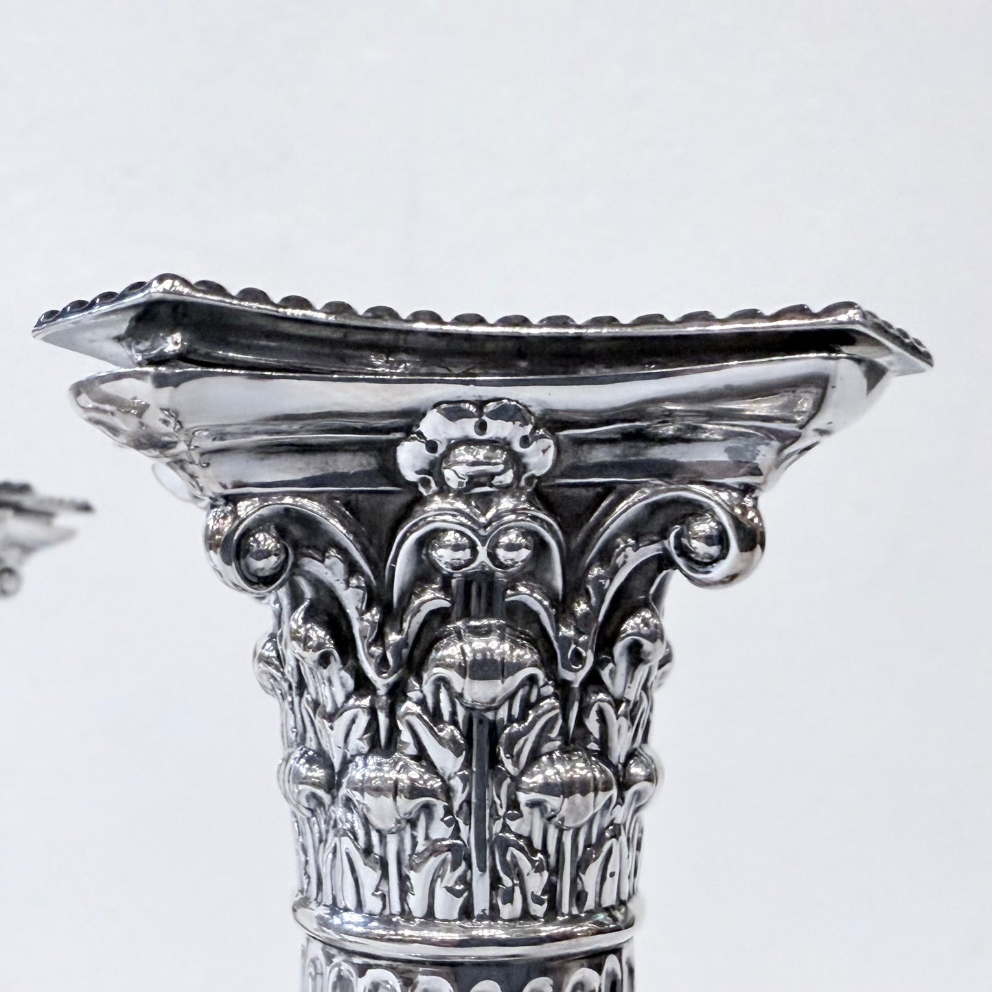 SET OF FOUR LATE VICTORIAN CORINTHIAN COLUMN STERLING SILVER CANDLESTICKS, LONDON, 1893