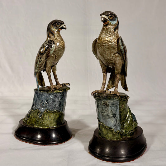 A PAIR OF GILT-SILVER AND ENAMEL MODELS OF FALCONS, JAPAN, MEIJI PERIOD