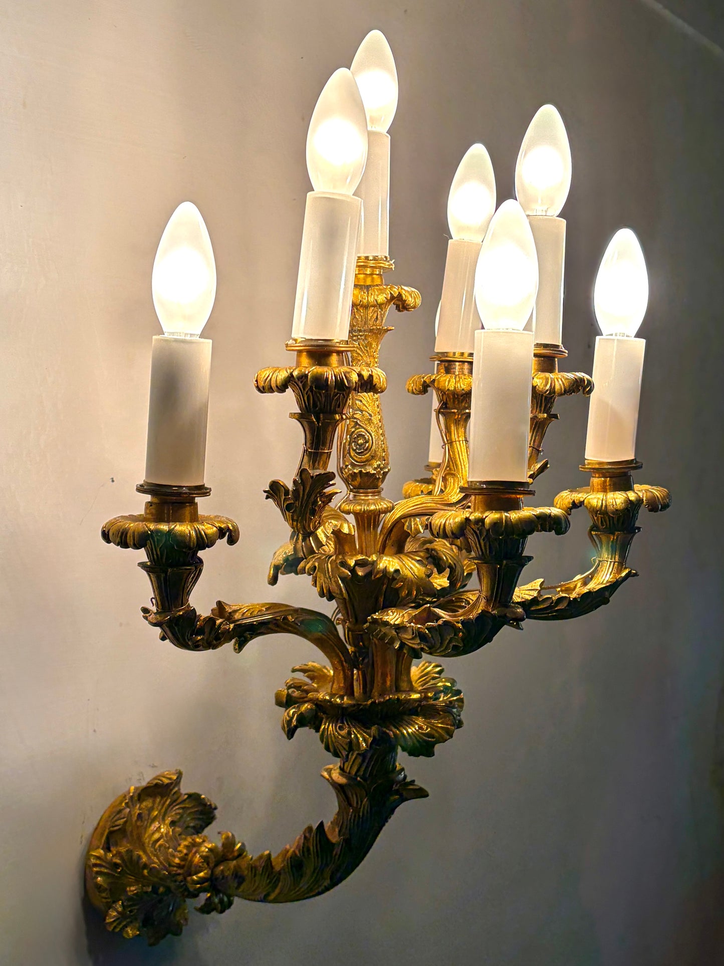A PAIR OF LOUIS XV STYLE GILT BRONZE EIGHT-LIGHT WALL LIGHTS, FRANCE, 19TH CENTURY