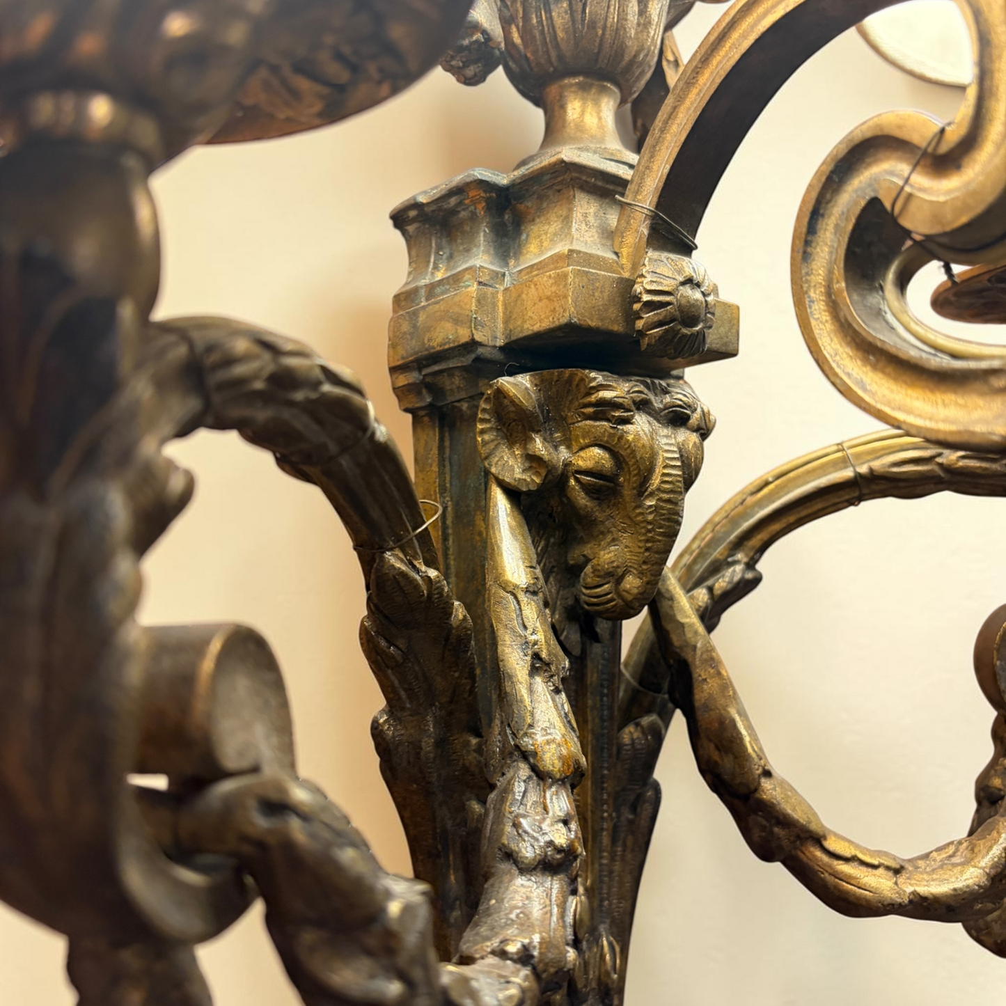 A PAIR OF LOUIS XVI STYLE RAMS-HEAD BRONZE WALL LIGHTS, FRANCE, LATE 19th CENTURY