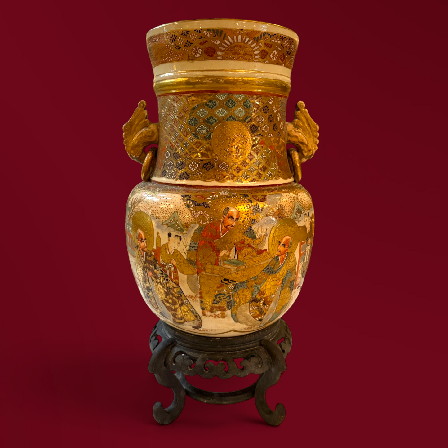 A GILT AND ENAMEL DRAGON-HANDLE EARTHENWARE VASE, JAPAN, LATE 19TH CENTURY