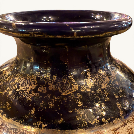 KLS Vaults Meiji period cobalt Satsuma vase neck with intricate gold scrolling patterns on a deep blue glaze