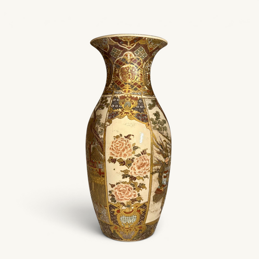 KLS Vaults Meiji period Satsuma palace vase featuring intricate samurai, court figures, and pink peonies with gilding.