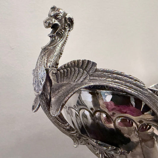 KLS Vaults Italian silver centerpiece featuring a detailed cast griffin handle with hand-chiseled fluted body.