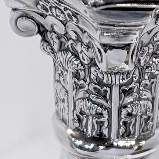 KLS Vaults sterling silver Corinthian candlestick capital with intricate acanthus leaf and volute detailing.