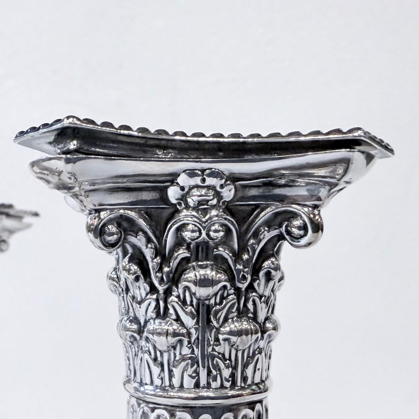 KLS Vaults Victorian sterling silver Corinthian candlestick capital with intricate acanthus leaf and volute detailing.