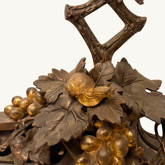 Victorian parcel-gilt bronze fireplace fender featuring detailed grapevine, grape clusters, and snail motif.