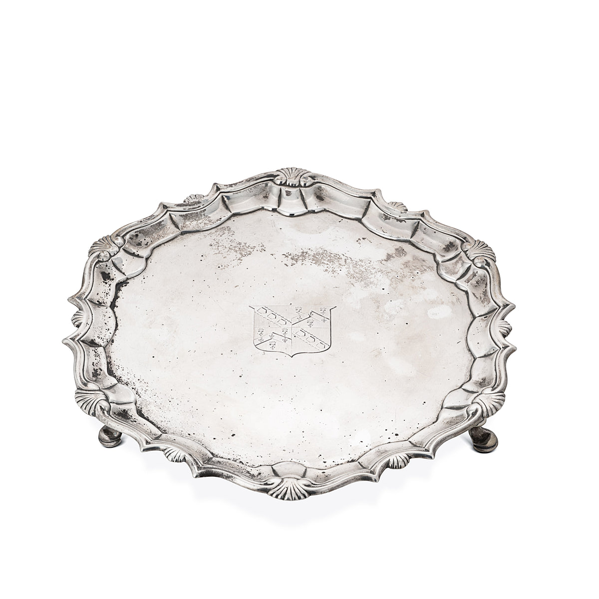 A GEORGE II SHELL MOTIF STERLING SILVER SALVER, LONDON, 1741