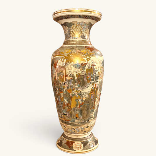 KLS Vaults 19th-century Japanese Satsuma baluster vase featuring polychrome scholars and intricate gilt brocade patterns.