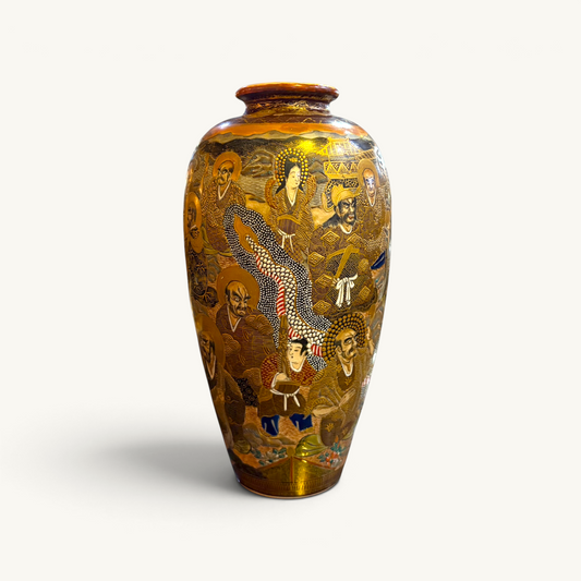 KLS Vaults 19th-century Japanese Satsuma vase featuring polychrome enamel rakan figures, Kannon, and a dragon.