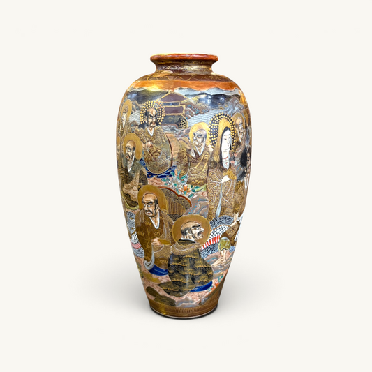 KLS Vaults 19th-century Japanese Satsuma vase featuring polychrome enamel rakan figures and a dragon on cream ground