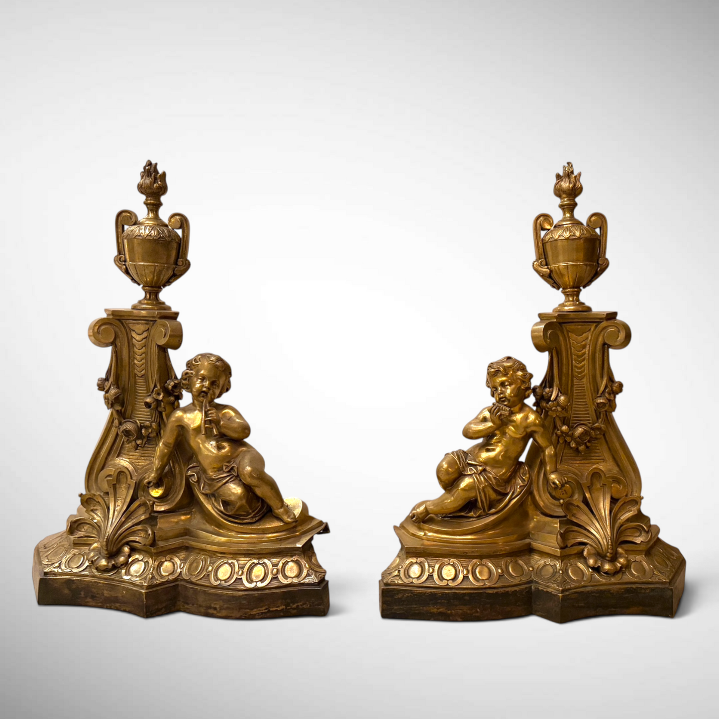 A LOUIS XVI STYLE CHASED AND GILDED FIGURAL ANDIRONS, FRANCE, C. 1870