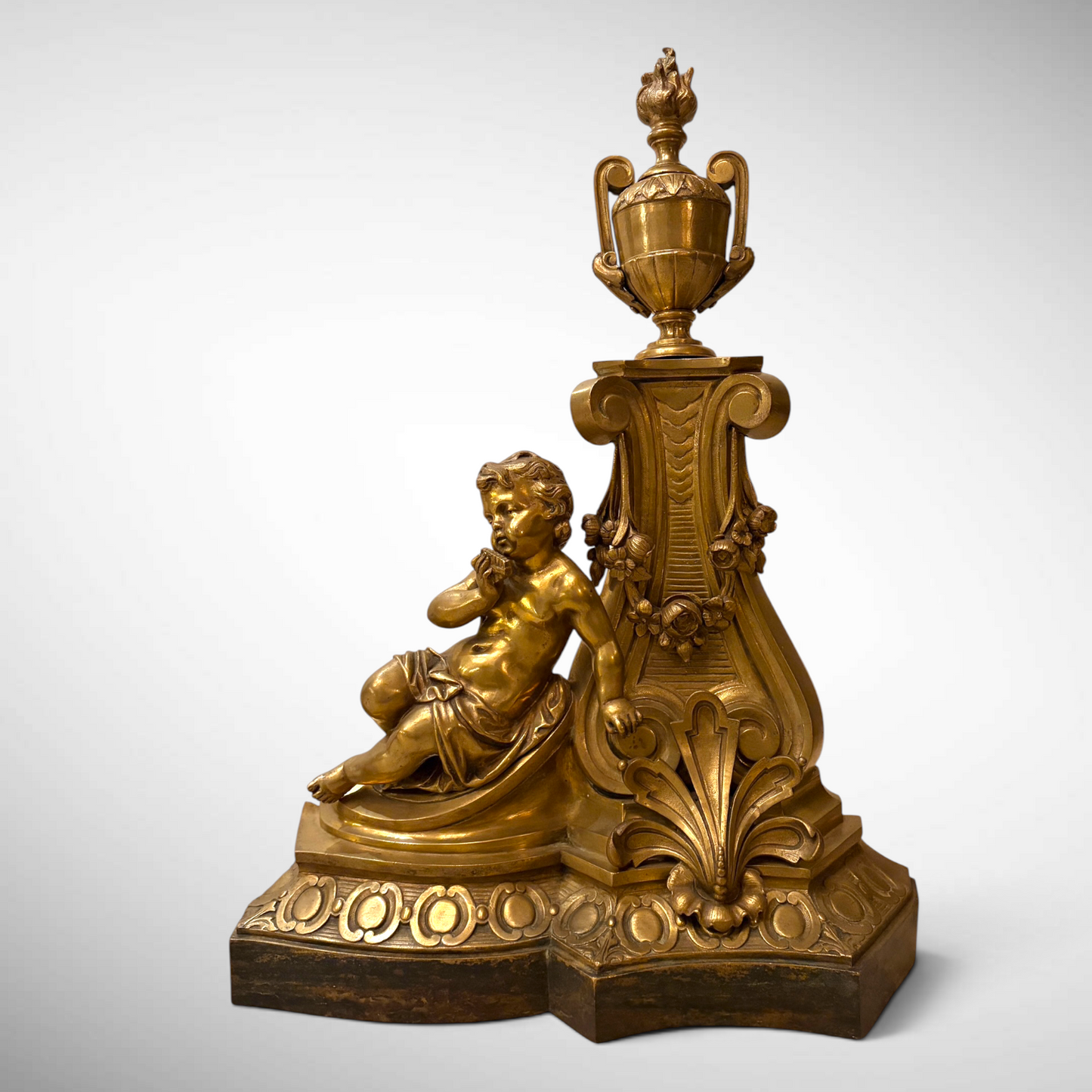 A LOUIS XVI STYLE CHASED AND GILDED FIGURAL ANDIRONS, FRANCE, C. 1870