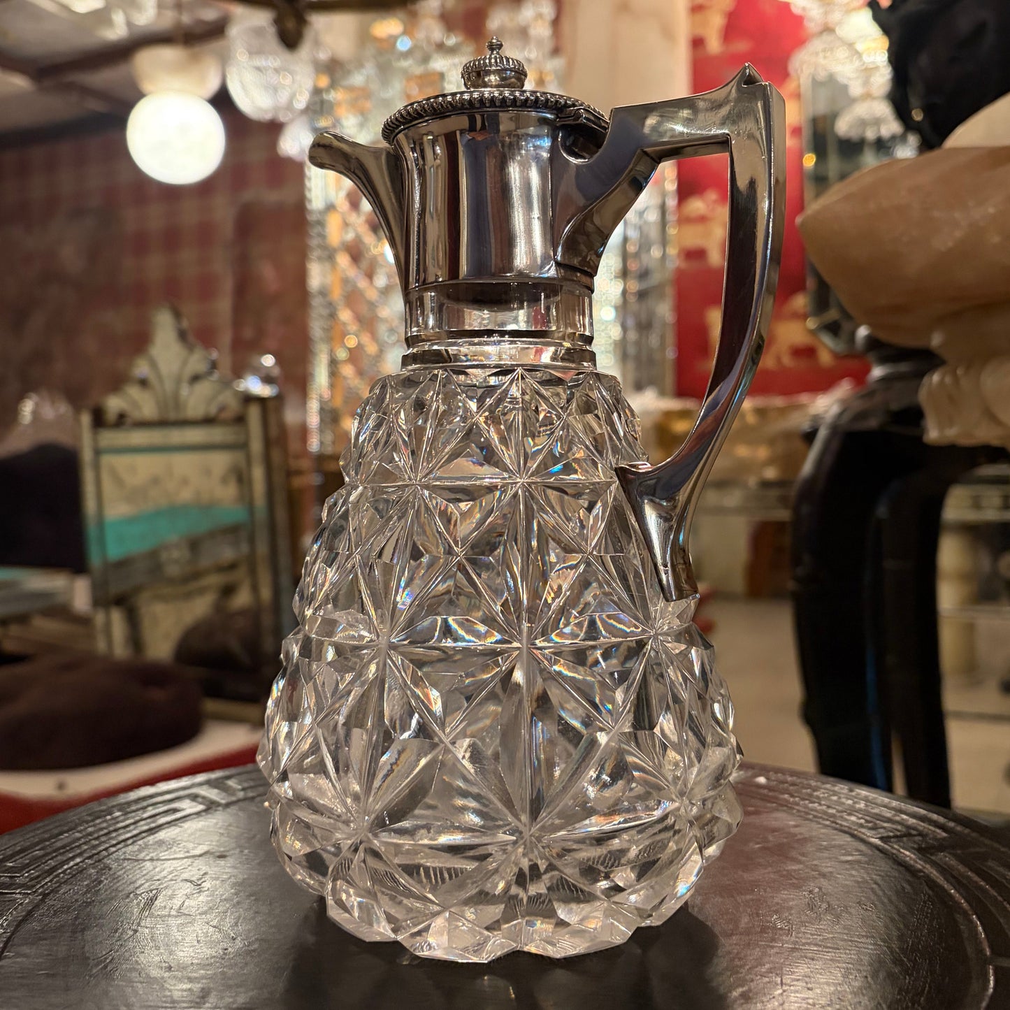 EDWARDIAN DIAMOND-POINT CUT LEAD CRYSTAL AND STERLING SILVER CLARET JUG, LONDON, 1902