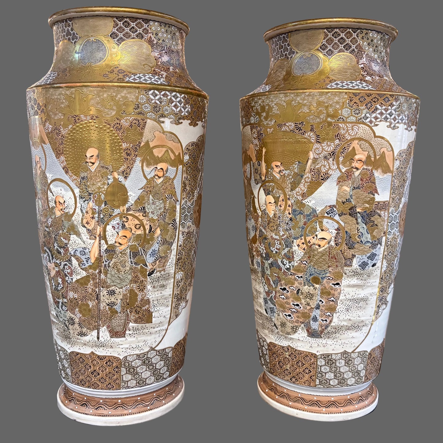 A PAIR OF MONUMENTAL SATSUMA EARTHENWARE VASES, JAPAN, MEIJI PERIOD (1868–1912)
