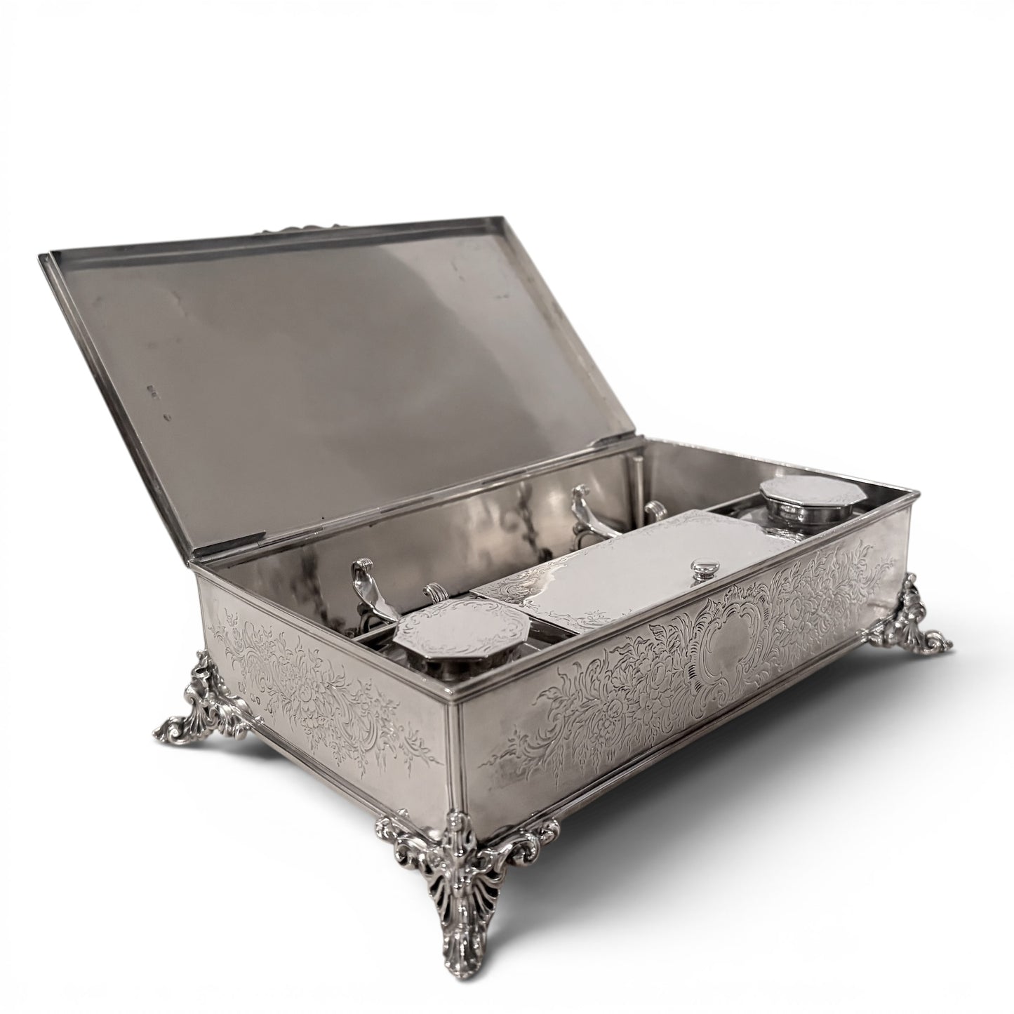 AN IMPORTANT MID-VICTORIAN HEAVY-GAUGE STERLING SILVER STANDISH, LONDON, 1853