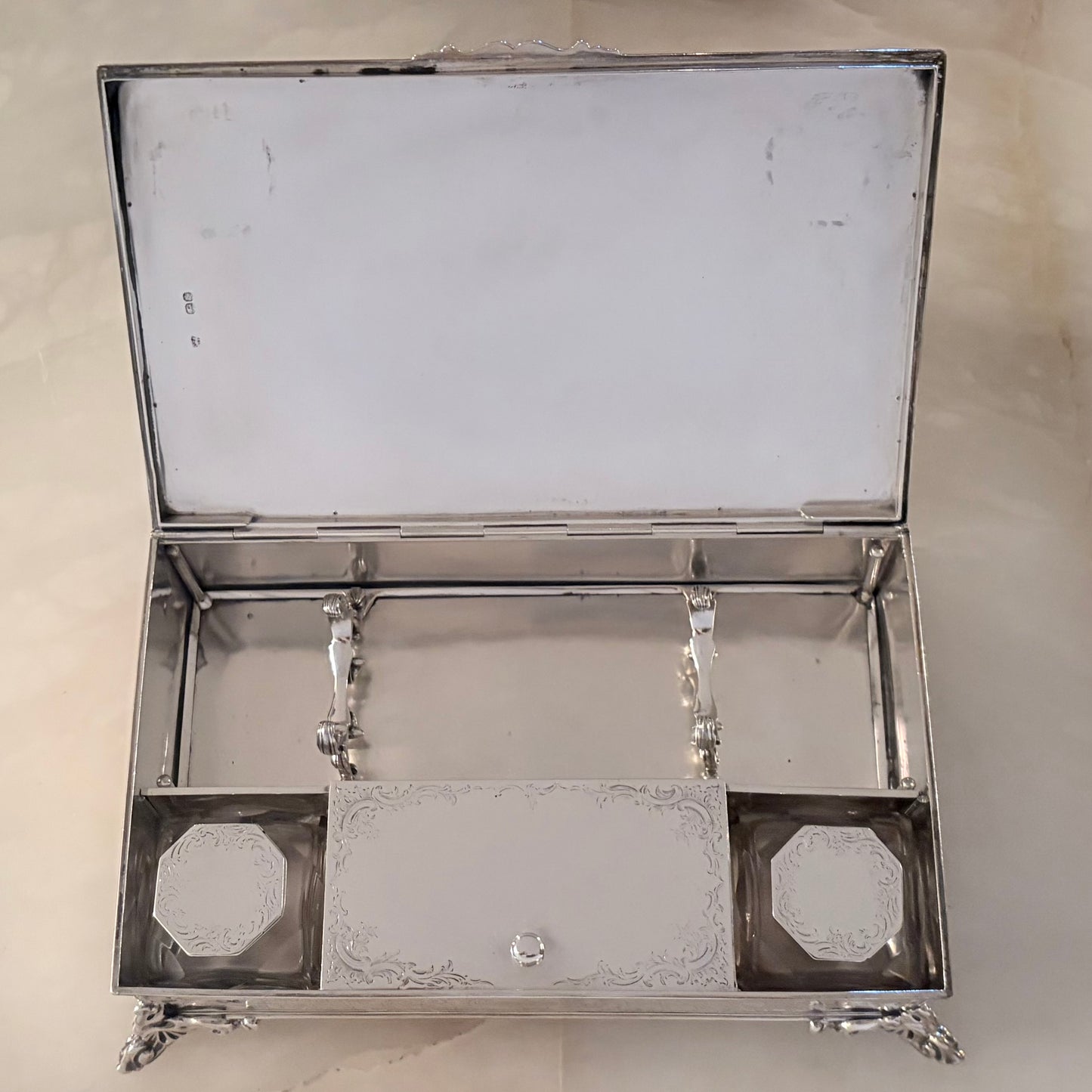 AN IMPORTANT MID-VICTORIAN HEAVY-GAUGE STERLING SILVER STANDISH, LONDON, 1853