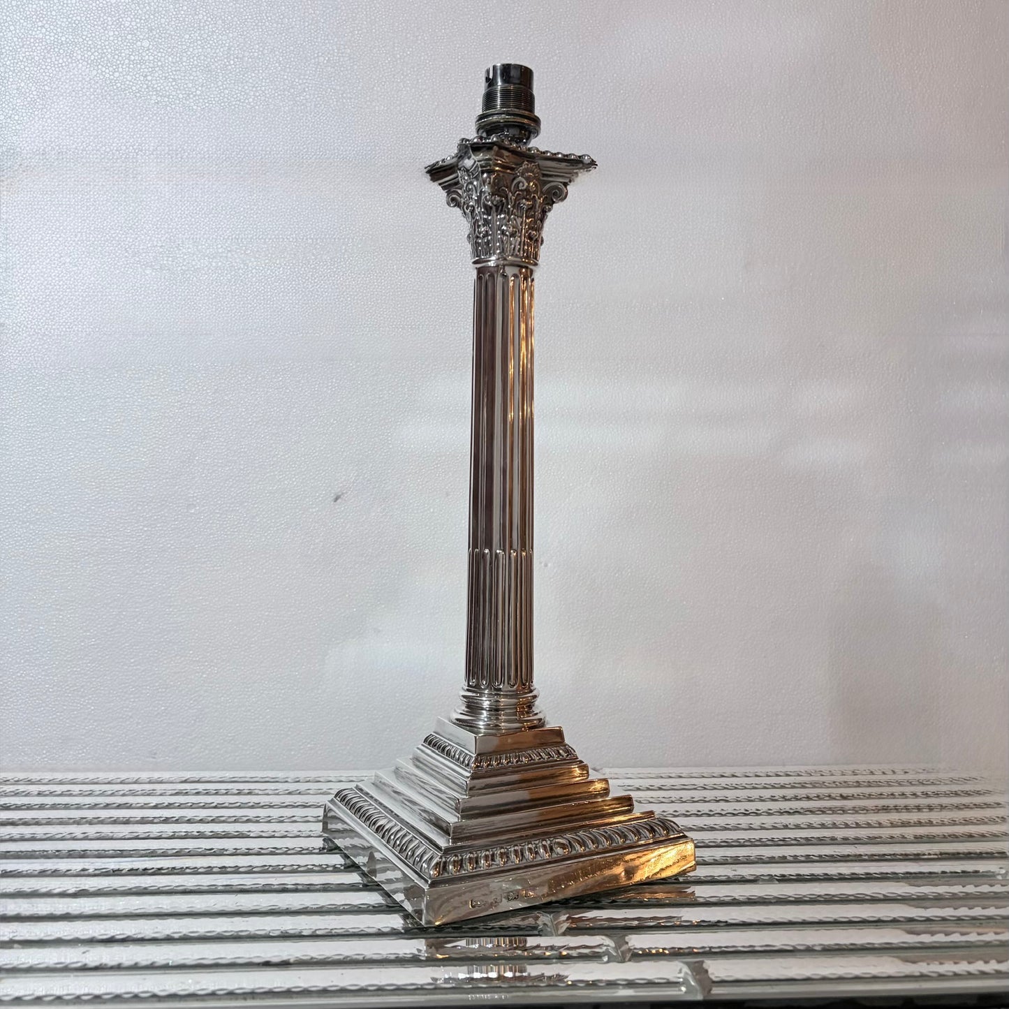 EDWARDIAN CORINTHIAN COLUMNAR STERLING SILVER TABLE LAMP, BIRMINGHAM, 1905