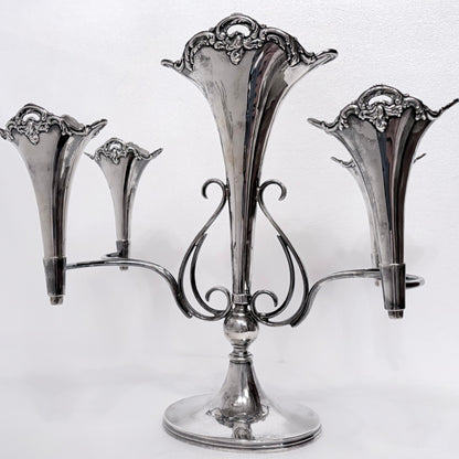 EDWARDIAN ROCOCO REVIVAL STERLING SILVER FIVE-TRUMPET EPERGNE, BIRMINGHAM, 1909