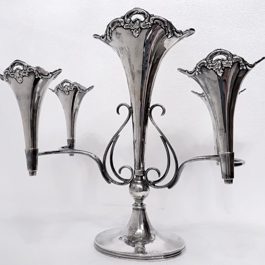 EDWARDIAN ROCOCO REVIVAL STERLING SILVER FIVE-TRUMPET EPERGNE, BIRMINGHAM, 1909
