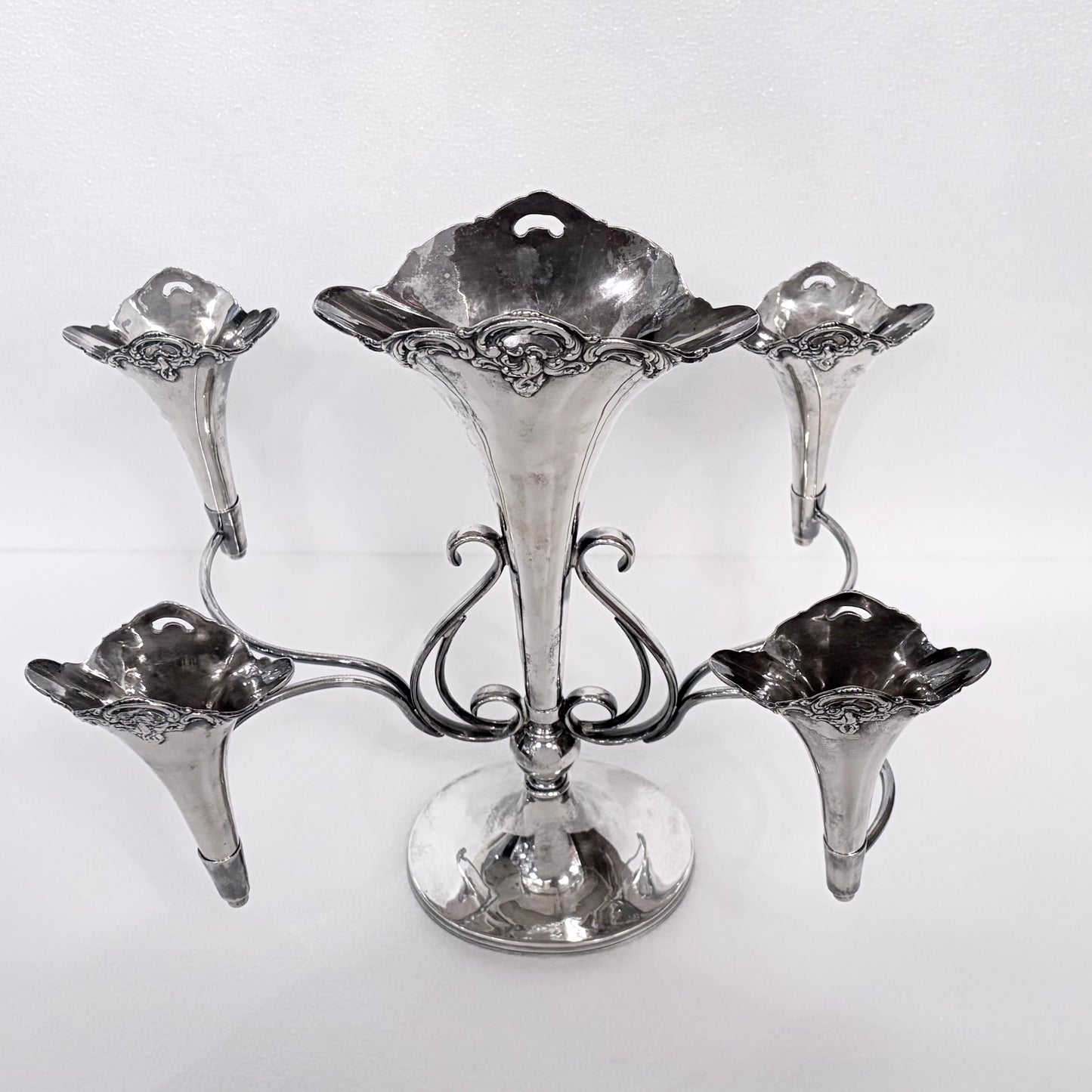 EDWARDIAN ROCOCO REVIVAL STERLING SILVER FIVE-TRUMPET EPERGNE, BIRMINGHAM, 1909