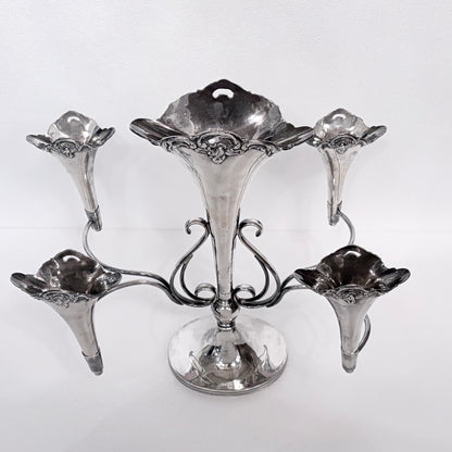 EDWARDIAN ROCOCO REVIVAL STERLING SILVER FIVE-TRUMPET EPERGNE, BIRMINGHAM, 1909