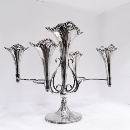 EDWARDIAN ROCOCO REVIVAL STERLING SILVER FIVE-TRUMPET EPERGNE, BIRMINGHAM, 1909