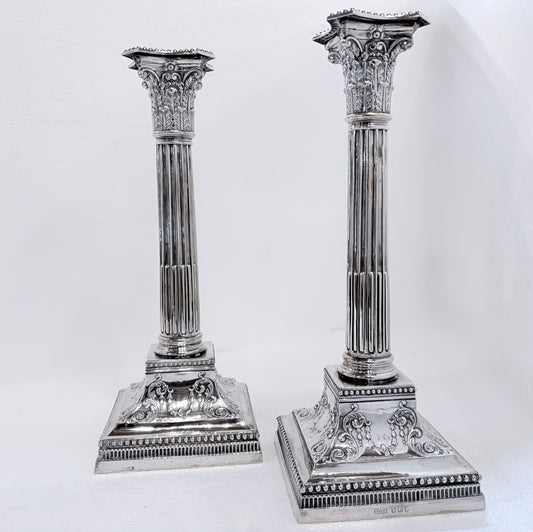 PAIR OF CORINTHIAN COLUMN STERLING SILVER CANDLESTICKS, SHEFFIELD, 1896