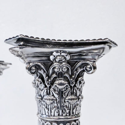 SET OF FOUR LATE VICTORIAN CORINTHIAN COLUMN STERLING SILVER CANDLESTICKS, LONDON, 1893