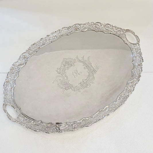 A VICTORIAN PIERCED AND ENGRAVED STERLING SILVER SERVING TRAY, SHEFFIELD, 1894