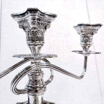 A PAIR OF GEORGE III STYLE CORINTHIAN COLUMN THREE-LIGHT CANDLESTICKS, ENGLISH, 1890
