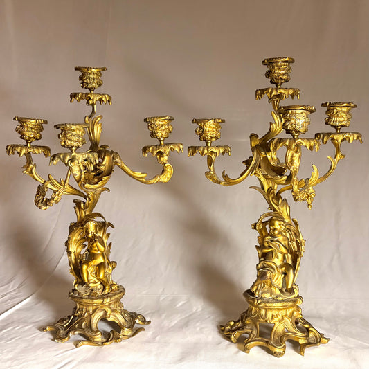 A PAIR OF LOUIS XV STYLE GILT BRONZE FIGURAL FOUR-LIGHT CANDELABRA, FRANCE, 19TH CENTURY