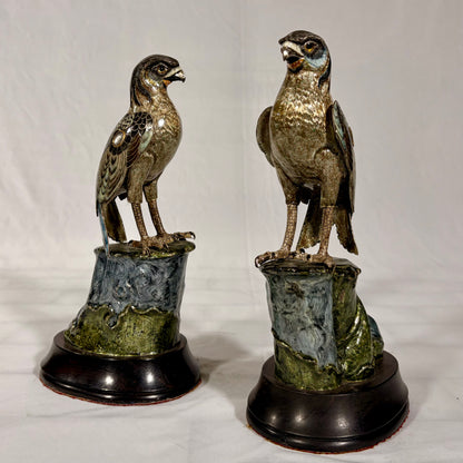 A PAIR OF GILT-SILVER AND ENAMEL MODELS OF FALCONS, JAPAN, MEIJI PERIOD