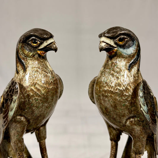 A PAIR OF GILT-SILVER AND ENAMEL MODELS OF FALCONS, JAPAN, MEIJI PERIOD