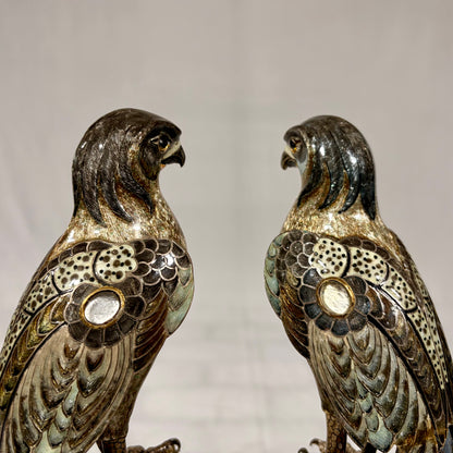 A PAIR OF GILT-SILVER AND ENAMEL MODELS OF FALCONS, JAPAN, MEIJI PERIOD