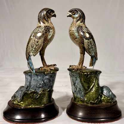 A PAIR OF GILT-SILVER AND ENAMEL MODELS OF FALCONS, JAPAN, MEIJI PERIOD