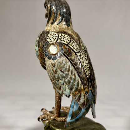 A PAIR OF GILT-SILVER AND ENAMEL MODELS OF FALCONS, JAPAN, MEIJI PERIOD
