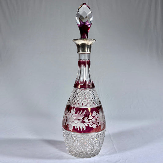 CUT AND WHEEL ENGRAVED BOHEMIAN GLASS AND STERLING SILVER DECANTER, LONDON, 1973