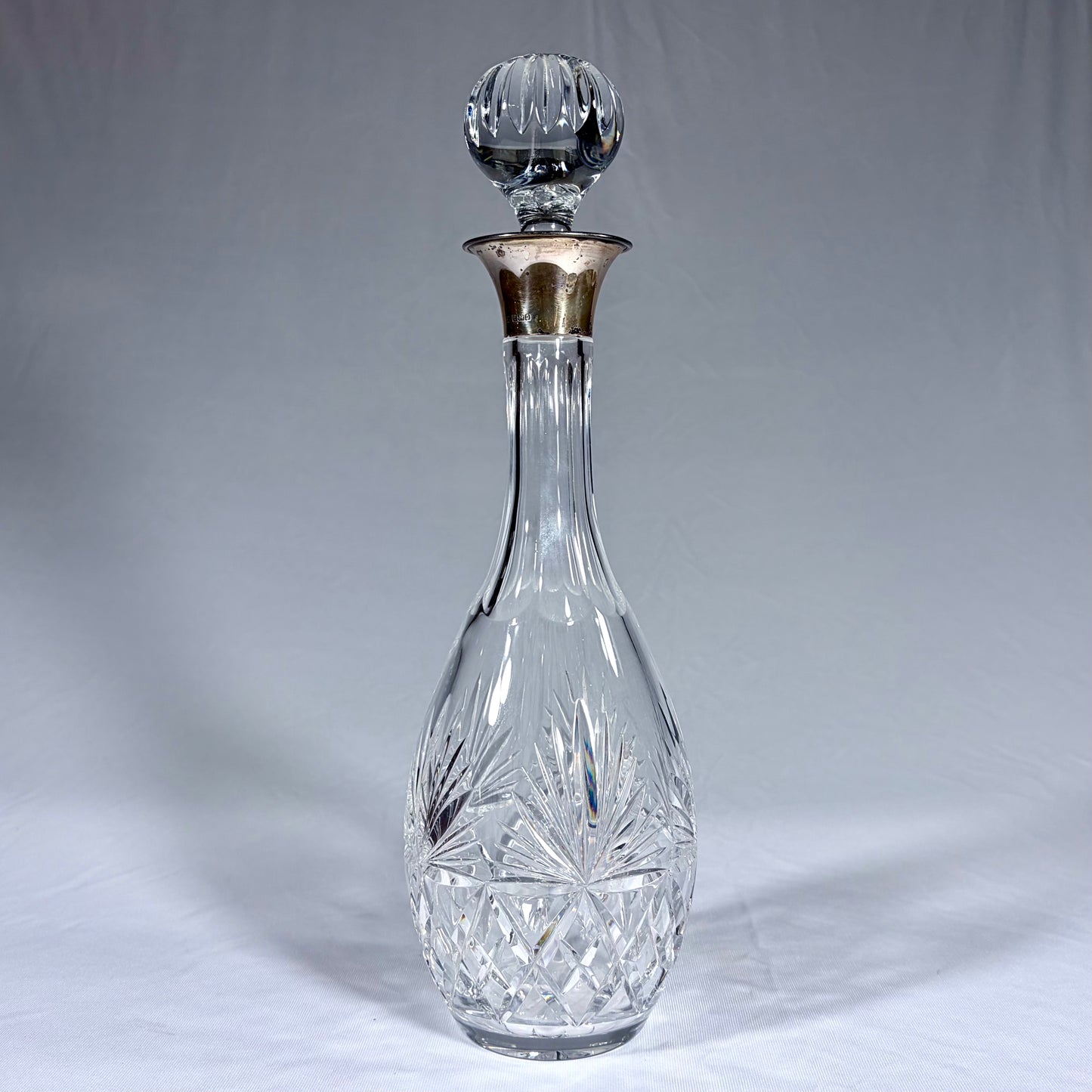 LARGE CUT CRYSTAL AND STERLING SILVER DECANTER, BIRMINGHAM, 1990