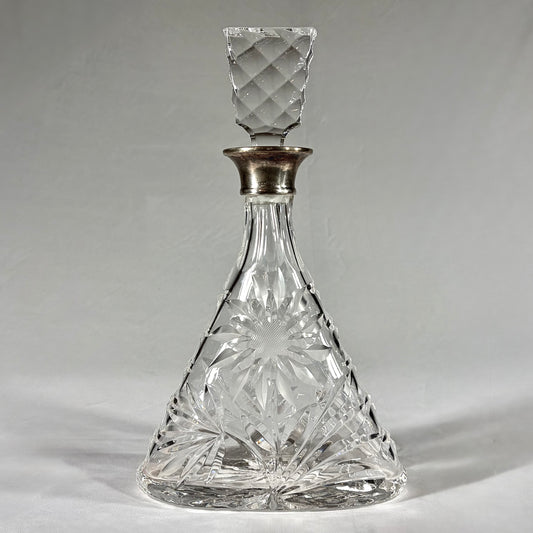 TRIANGULAR CUT-GLASS AND STERLING SILVER-MOUNTED DECANTER, LONDON, 1968