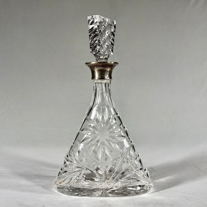 TRIANGULAR CUT-GLASS AND STERLING SILVER-MOUNTED DECANTER, LONDON, 1968