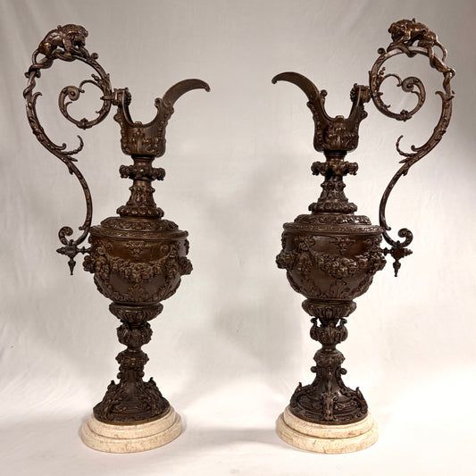 PAIR OF ROCOCO REVIVAL PATINATED BRONZE EWERS, FRANCE, LATE 19TH CENTURY