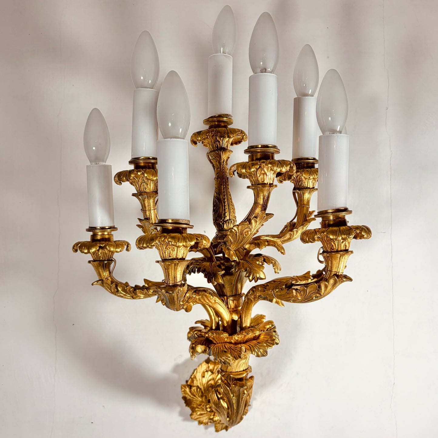 A PAIR OF LOUIS XV STYLE GILT BRONZE EIGHT-LIGHT WALL LIGHTS, FRANCE, 19TH CENTURY
