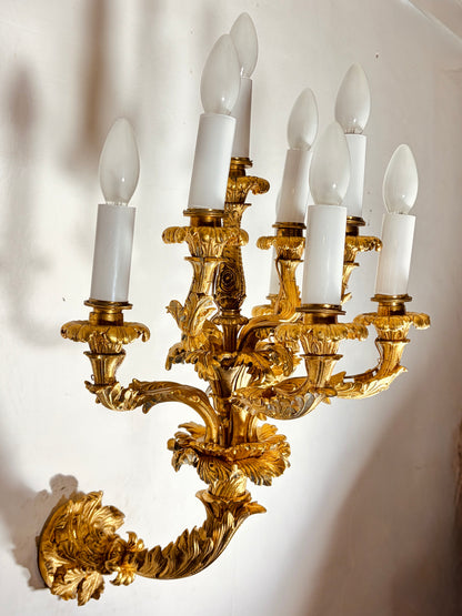 A PAIR OF LOUIS XV STYLE GILT BRONZE EIGHT-LIGHT WALL LIGHTS, FRANCE, 19TH CENTURY