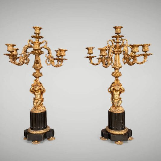 PAIR OF FIGURAL ROCOCO STYLE GILT BRONZE FIVE-LIGHT CANDELABRA, FRANCE, c.1870
