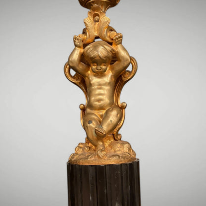 PAIR OF FIGURAL ROCOCO STYLE GILT BRONZE FIVE-LIGHT CANDELABRA, FRANCE, c.1870