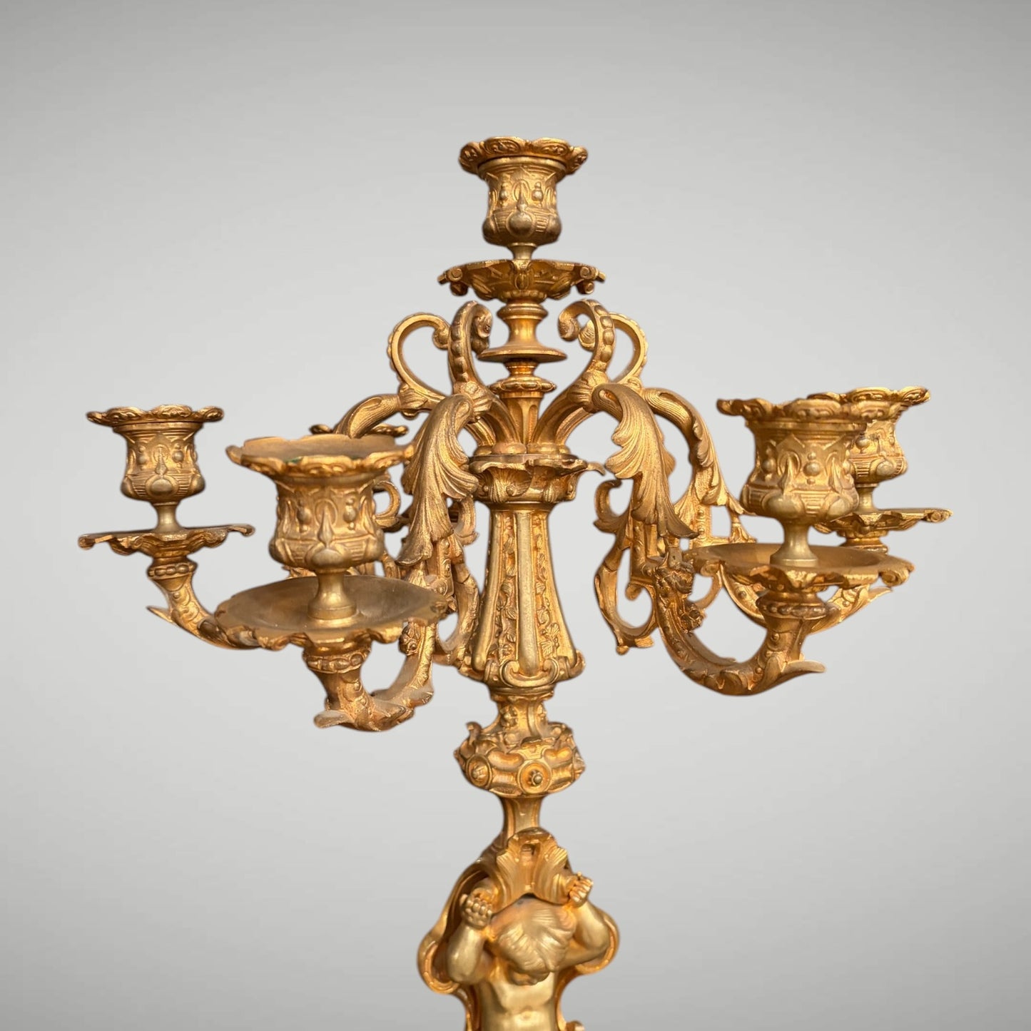 PAIR OF FIGURAL ROCOCO STYLE GILT BRONZE FIVE-LIGHT CANDELABRA, FRANCE, c.1870